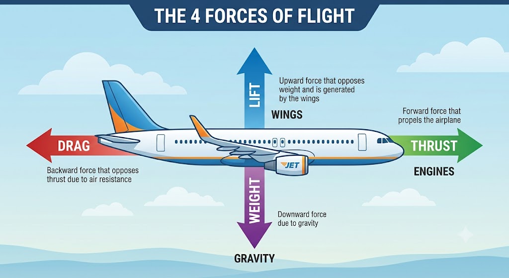 Diagram showing the four forces of flight: lift pointing up from the wings, weight pointing down through the center of gravity, thrust pointing forward from the propeller, and drag pointing backward.